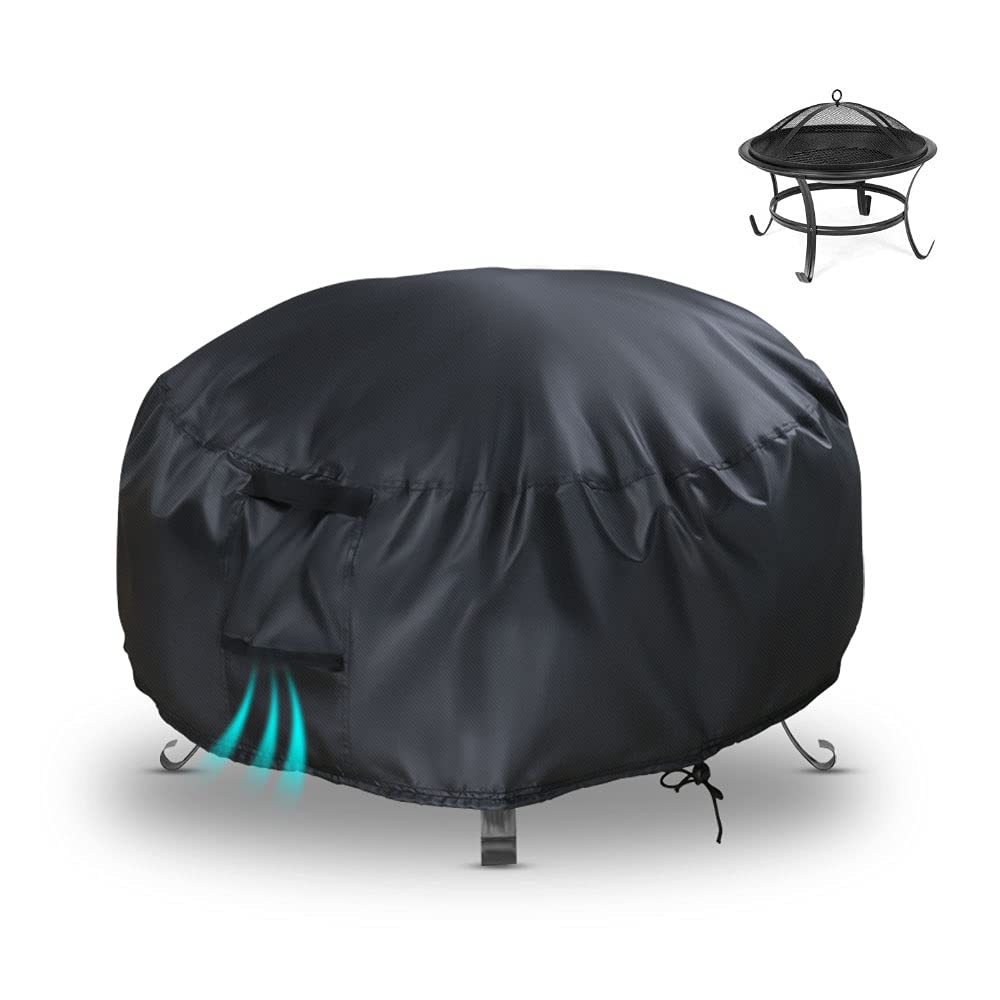 Fenghome Fire Pit Cover, Round Firepit Covers Waterproof with Handle for Garden Fire Pit Table Windproof Heavy Duty Oxford Fabric Round Fire Pit Covers-66x31cm (Black) — image 1