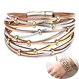 Jurxy Multilayer Leather Wrap Bracelet Silver Beaded Bohemian Braided Cuff Bangle Wristbands Wide Belt Jewelry for Women Girl - Gold and Silver