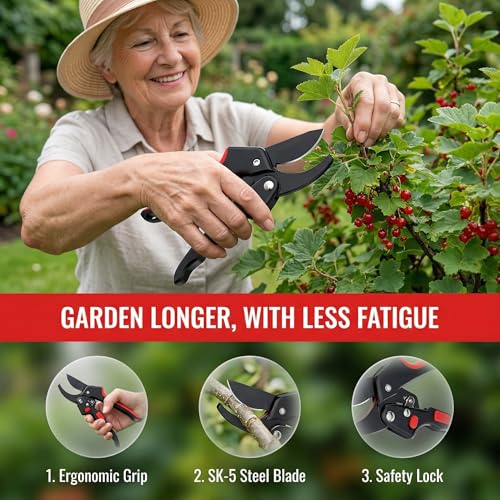 Ratchet Secateurs for Gardening Heavy Duty - 3X Power Garden Secateurs Cutting Width 3/4 in for Weak Hands & Arthritis Sharp SK-5 Steel Pruning Shears & Garden Scissors