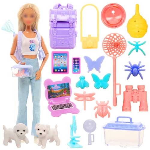 Miunana 21 Pcs Dollhouse Furniture and Accessories Computer Dog Pet Insect Capture Fit Backpack for 11.5 Inch Girl Doll Outdoor Kit