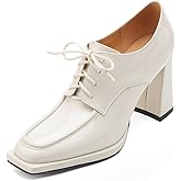 TinaCus Women's Patent Leather Square Toe Lace-up High Block Heel Handmade Oxford Pumps