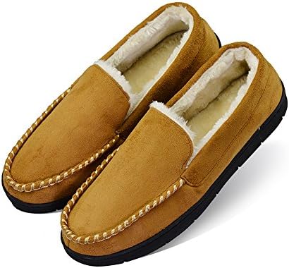 VLLY Men's Pile Lined Microsuede Bedroom Outdoor Slip On Moccasin Slippers US 11-12 Beige (FBA)