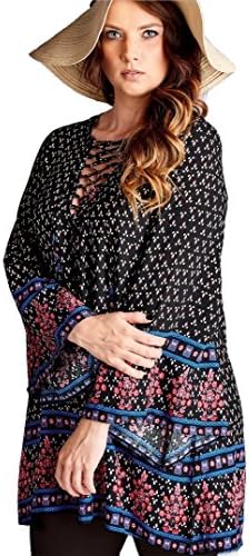 Velzera Criss Cross Bell Sleeve Floral Print Bohemian Tunic Dress (2X, Black)