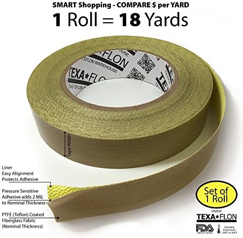 TEXAFLON 5MIL (7MIL Total) PTFE Teflon Coated Fiberglass Tape with Silicone Adhesive and Liner, 18 Yards (1" Width - Set of 1)