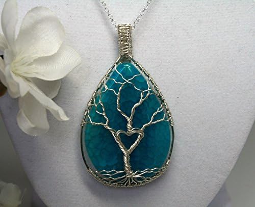 Ethereal Earth Stone Necklace Sterling Silver Wire wrapped Tree of Life Aqua Agate Natural Gemstone Jewelry with Heart Pendant, Valentines Day Gift, High Quality Materials, Girlfriend Gift