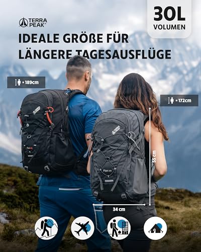 Terra Peak® Premium Wanderrucksack 30L (FLEX 30) Damen Herren & Erwachsene mittel schwarz - Trekking-Rucksack wasserdicht - Daypack Rucksack & Tagesrucksack Trinksystem & Rückenbelüftung zum Wandern thumbnail 2