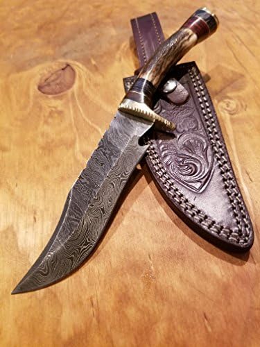 Handmade Deer Antler Handle Hunting Knife Damascus Stag Horn Outdoors Collection With Leather Sheath Premium (K98)