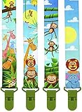 Premium Pacifier Clips by KiddosArt. Set Of 4, 2-Sided Of JUNGLE THEME Art, Stunningly Designed Pacifier Holder, Pacifier Leash, Baby Pacifier Clips for Girls and Boys.