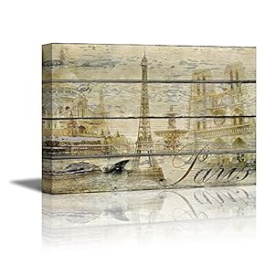 Canvas Prints Wall Art - Retro Style Tower and Buildings on Vintage Wood Background Rustic Home Decoration - 12" x 18"