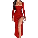 LAGSHIAN Women's Sexy Bodycon Cocktail Square Neck Long Sleeve High Split Ruched Midi Party Dress