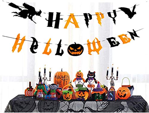 Pancarta Feliz de Halloween, Decoración de la Pancarta de Halloween con Letras, Bruja, Murciélago, Telaraña y mini Arañas, Decoración de Fiesta de Halloween Interior Exterior, duradero, 3 metros