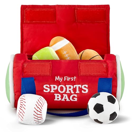 Kidaddle Baby's First Sports Bag: Plush Sensory Balls for Baby, Toddler Sports Bag with Rattling Football, Squeaky Soccer Ball, Crinkle Baseball Toy and More!
