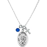 St. Philomena Necklace – Handmade Catholic Medal Pendant with Cross & Birthstone – Patron Saint of Youth, Purity & Courage – Stainless Steel Chain