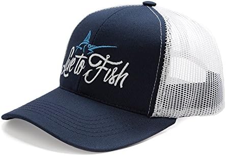 Live to Fish "Classic Marlin" USA Made Low-Profile Trucker Hat, Navy/White