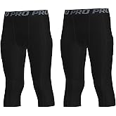 YUSHOW Boys Compression Pants 3/4 Length with Pocket Quick Dry Basketball Tights Boys Leggings for Athletic Running Sports