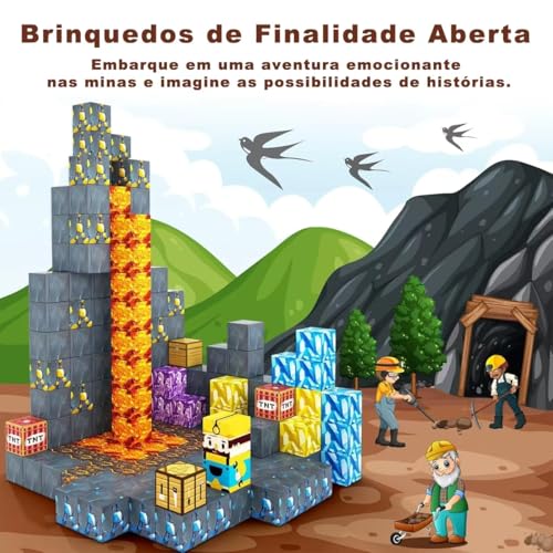 Blocos Magnéticos Infantil 72 Peças para Montar – Tema Mina de Ouro, Cubos Magnéticos Educativos de Construção, Brinquedo de Encaixe Estimulante para Crianças +3 Anos