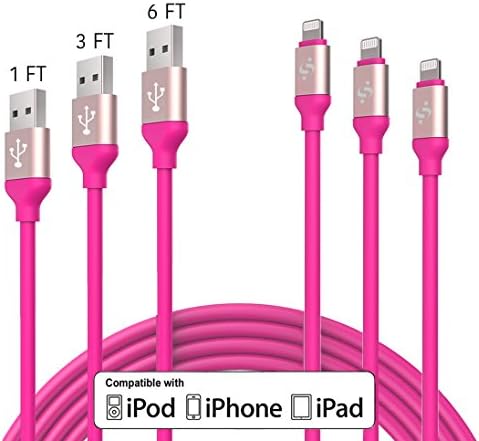 SyncTech Premium Tangle-Free 1FT 3FT 6FT Lightning Cable Durable High-Speed Syncing/Charging for iPhone 7/6s/6/5/5s/SE/Plus iPad Mini/Air/Pro (1.) Pink - 1FT - 3FT - 6FT)
