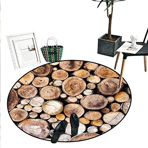 Rustic Print Area Rug Wooden Logs Background Circular Shaped Oak Tree Life and Growth Theme Living Dining Room Bedroom Hallway Office Carpet （3'3" Diameter） Light and Sand Brown