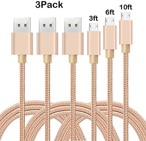 Micro USB Cable 3Pack 3FT 6FT 10FT Nylon Braided Android Charging Line Micro USB Cable for Android, Samsung, HTC, Motorola, Nokia and More(Gold)