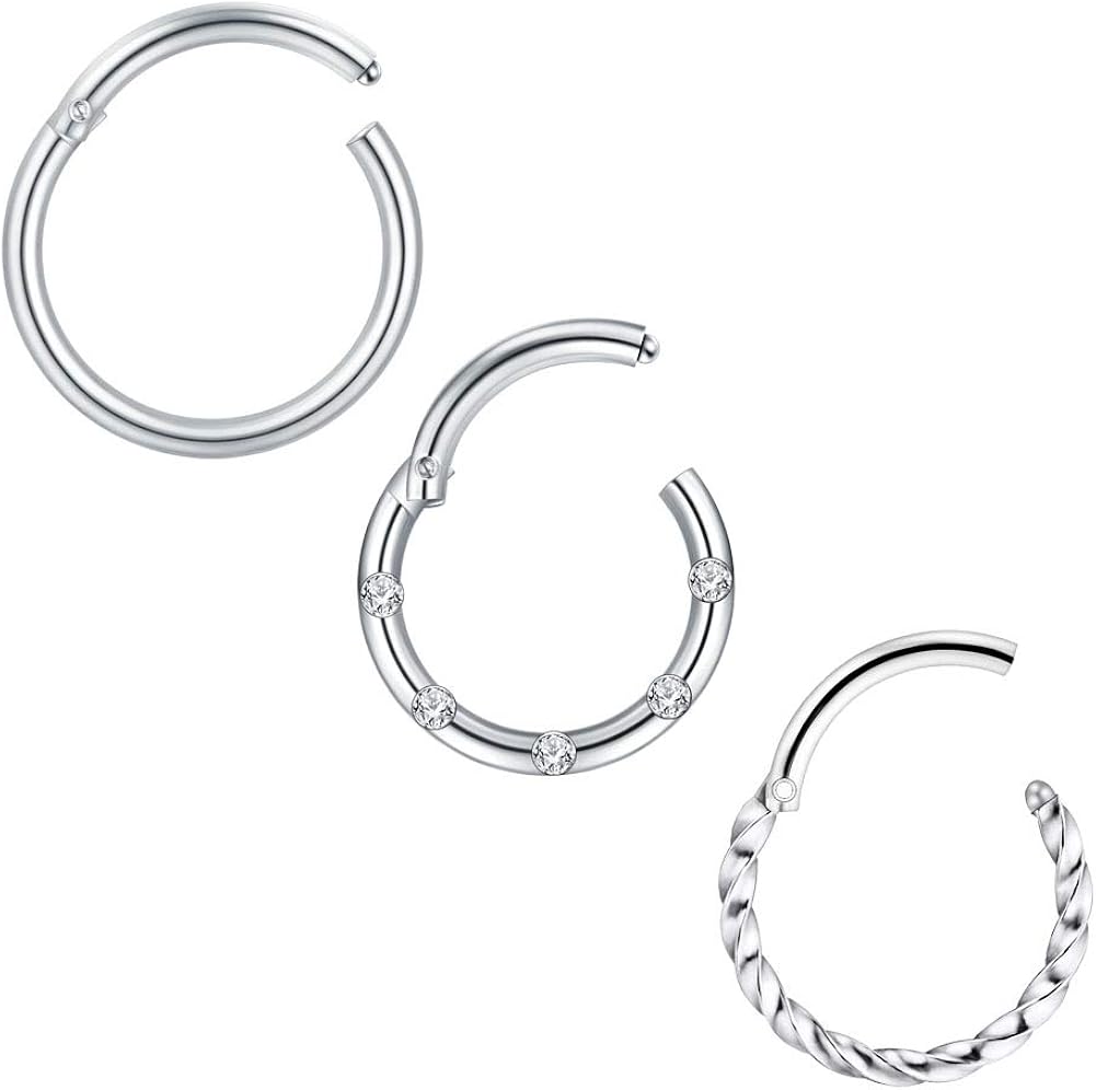 Mayhoop 3Pcs 16G=1.2mmx8mm Septum Rings Hoop Surgical Steel Silver Tragus Daith Helix Earrings Hinged Segment Clicker Rings Lip Rings Piercing Jewellery