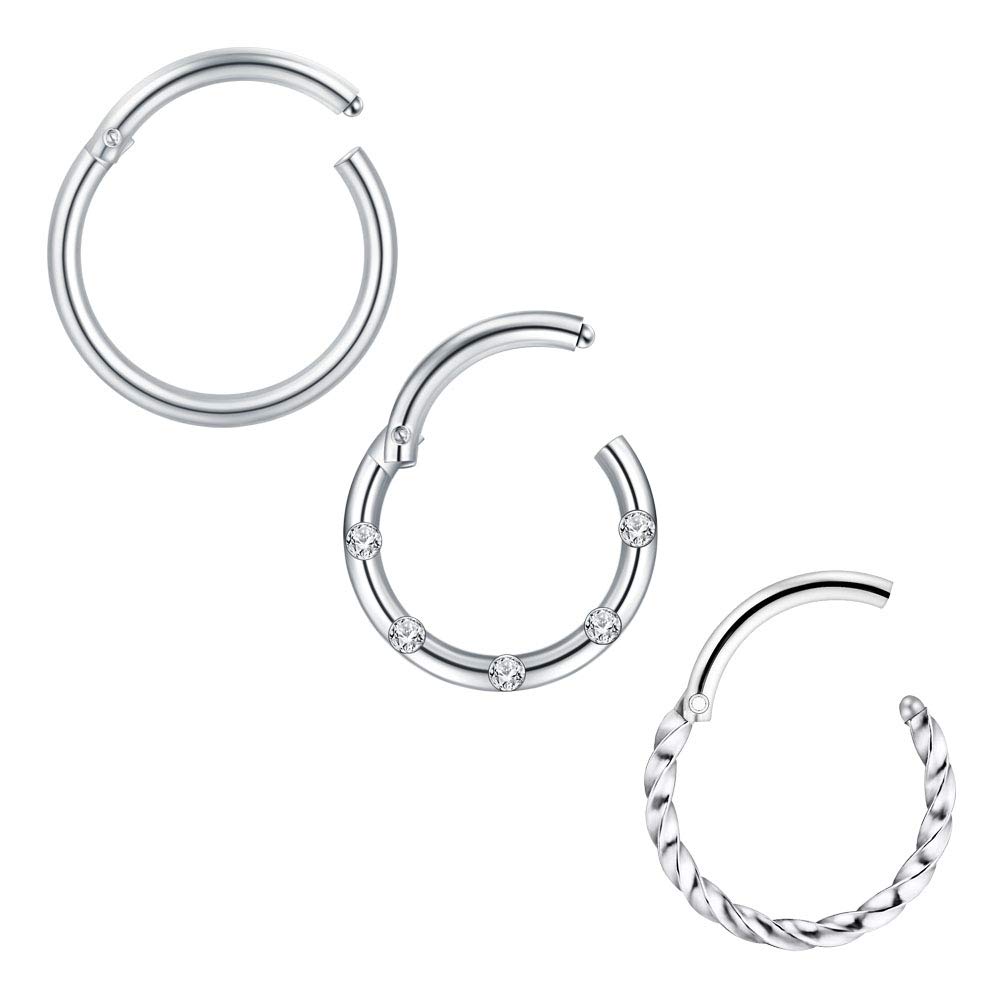Mayhoop 3Pcs 16G=1.2mmx8mm Septum Rings Hoop Surgical Steel Silver Tragus Daith Helix Earrings Hinged Segment Clicker Rings Lip Rings Piercing Jewellery