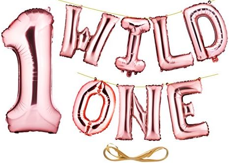 ROSE GOLD WILD ONE 16” Foil Letters Balloon Banner, with Large Number “1”, Baby Boy/Girl First Birthday
