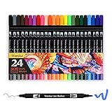 24 Marker Pens - Dual Tip Brush Pens with Fineliner Tip 0.4mm Art Markers for Adult Coloring Books, Drawing, Highlighting, Underlining (Pack of 24)