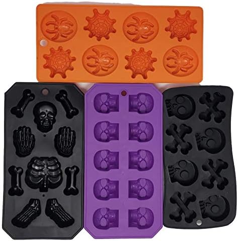 Halloween Silicon Molds Skulls, Spider, Skeleton for Candy Jello Soap Chocolate -Set of 4 Spooky Party Ice Cube Trays