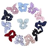 Wooyaya Rabbit Ear Hair Ties,Bow Scrunchies Solid Color and Floral Mixed Color, Blended Fabric Hair Ties, Soft Hair Scrunchies Head Flower Hair Accessories, Female Rubber Bands, mixed colors (12pcs)