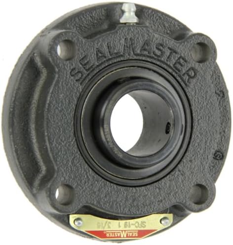 Sealmaster SFC-22 Standard Duty Piloted Flange Cartridge Unit, 4 Bolt, Regreasable, Felt Seals, Setscrew Locking Collar, Cast Iron Housing, 1-3/8" Bore, 5" Overall Length, 2.920" Bolt Hole Spacing Width, 3/8" Flange Height, ±2 Degrees Misalignment Angle