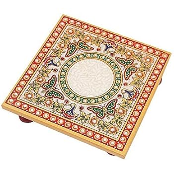 Handicrafts Paradise Marble Chowki with Intricate Painting Butterfly Design