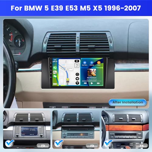 Inefala 2G+64G Radio for BMW 5 E39 E53 M5 X5 1996-2007, 9'' Android 15 Screen with Wireless Carplay/Android Auto Link Mirror GPS Radio FM/RDS EQ WiFi Bluetooth 26 UI SWC Dual USB Input