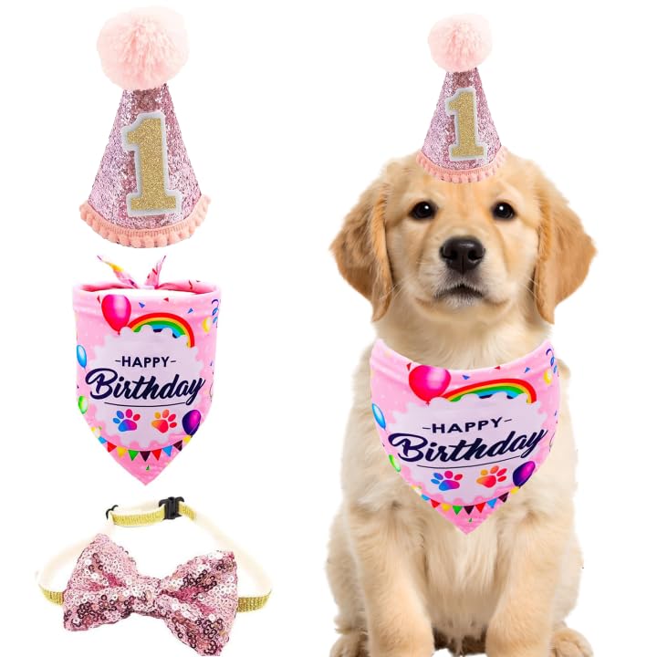 BIPY Pink Dog 1st Birthday Hat、Bandana and Bowtie for Girls Small Medium Dogs Cats happy birthday hat Doggy Party Supplies Adjustable Pet Collar Bowtie Celebration Pet Birthday Neckerchief Set