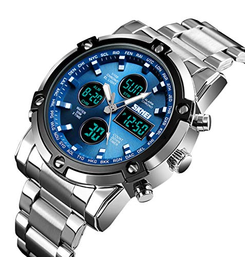 Stainless Steel Strap Outdoor Sport Watch Analog Digital LED Dual Time Display Mens Watch (Silver Blue)