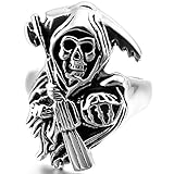 INBLUE Men's Stainless Steel Ring Band Silver Tone Black Death grim Reaper Skull Gun Pistol Casted Size13