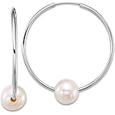14k White Gold 6-7mm Semi-round Freshwater Cultured Pearl Hoop Earrings 26x6.7mm Wide 1mm Thick Hoop Earring for Women