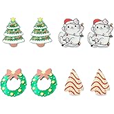 4 Pairs Acrylic Christmas Holiday Small Stud Earrings for Women Teen Girls Chritmas Tree Cat Pet Wreath Garland Biscuit Pierced Studs Earring Cute Xmas Festive Party Decorations Accessories Jewelry