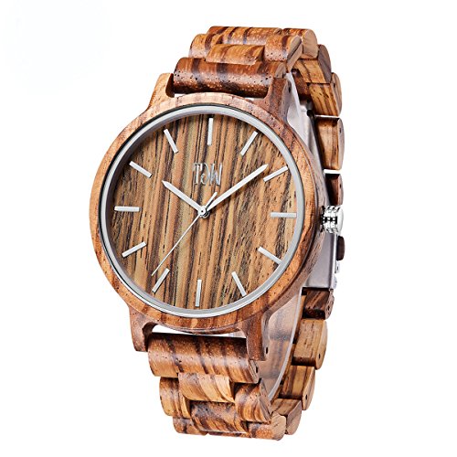 TJW Mens Natural Wooden Watches Japanese Analog Quartz Movement Watch Handmade Vintage Casual Wrist Watch (Zebra Wood)