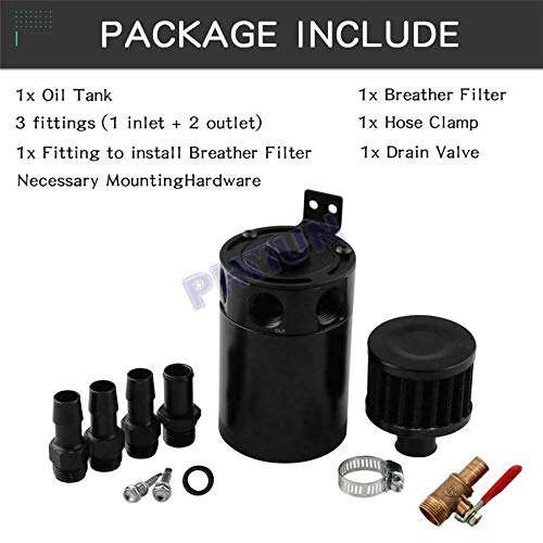 Universal Black Billet Aluminum Baffled 3-Port Oil Reservoir Catch Can Oil Separator Air Filter Cleaning Tank with Drain Valve Breather with Inlet Outlet Connector Keep the Engine Clean