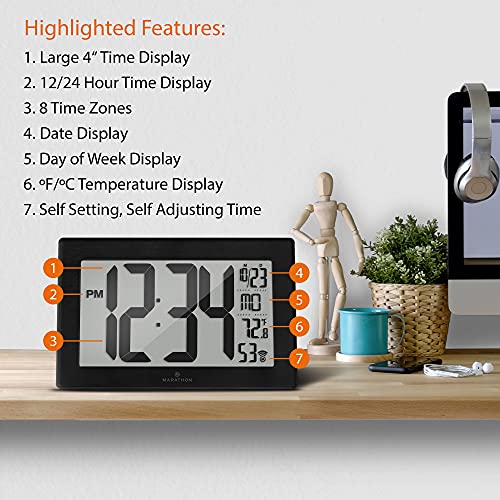 MARATHON Atomic, SelfSetting, SelfAdjusting, Wall Clock w/ Stand & 8