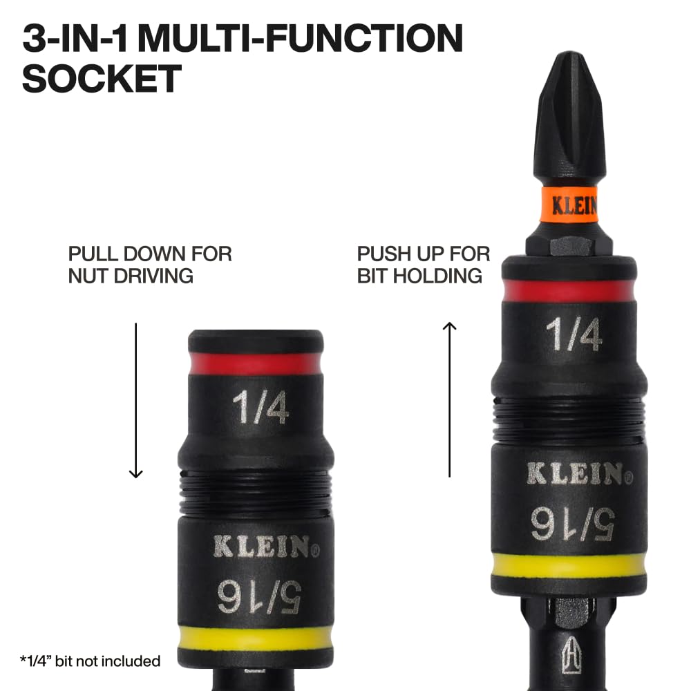 Klein Tools 32934 Impact Driver, 9-in-1 SAE Impact Socket Set, 4 Flip Sockets with 1/4, 5/16, 3/8, 7/16, 1/2, 9/16, 5/8, and 3/4-Inch Nut Driver Sizes with Bit Holder, 6-1/2-Inch Shaft
