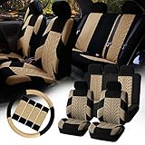 FH-FB071115 Complete Set Travel Master Seat Covers Airbag Ready & Rear Split with Steering Wheel Cover, Seat Belt Pads Beige- Fit Most Car, Truck, Suv, or Van