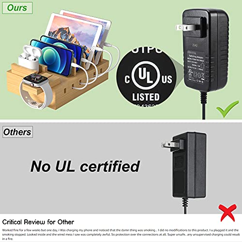 ZCPOW Bamboo Charging Station for Multiple Devices Dock Organizer with 5 USB Ports and 5 Charging Cables Compatible with Cellphone, Kindle, Smart Watch, Power Bank,(UL Adapter Attached).