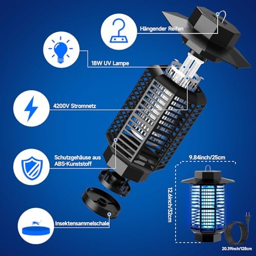 Insektenvernichter Elektrisch 4200V,Mückenlampe 18W UV Licht,IPX4 Wasserdichte Fliegenfalle Elektrisch Mückenfalle für Innen & Außenbereich,Insektenfänger gegen Mücken,Fliegen,Wespen