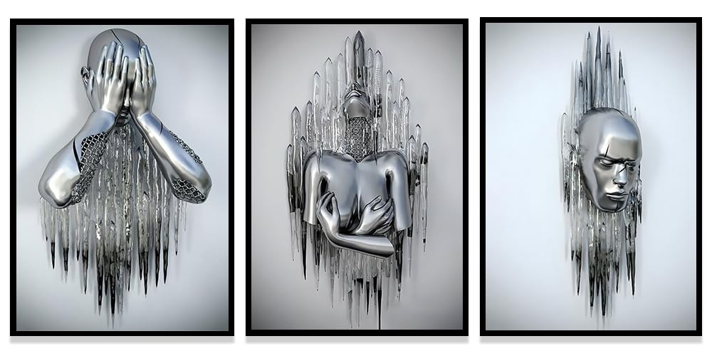 WADBTP Modern Art Metal Figure Canvas Painting Poster, Metal 3D Sculpture Effect, Romantic Lovers Hug Home Poster Set, Frameless (Style 3, 60X90CM*3)