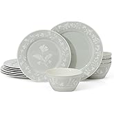 Martha Stewart Maiden Crown 12-Piece Sage Green Dinnerware Set – New Bone China Ceramic Plates & Bowls – Floral Design – Service for 4 – Microwave & Dishwasher Safe