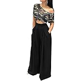 LROSEY Women Casual Stretchy Wide Leg Palazzo Pants with Pockets Flowy Dress Pants High Waisted Trousers