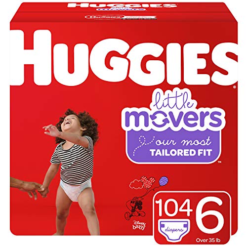 pañales para bebé little movers de huggies, tamaño 6, 104 unidades, suministro para un mes