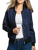 HOTOUCH Women Vintage Bomber Jacket Classic Zip up Biker Jacket Navy Blue L