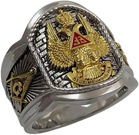 Scotish Rite 33 Degree Master Mason Masonic Ring White and Yellow 18k Gold Plated 20 Grams Double Eagle Handcrafted (10)